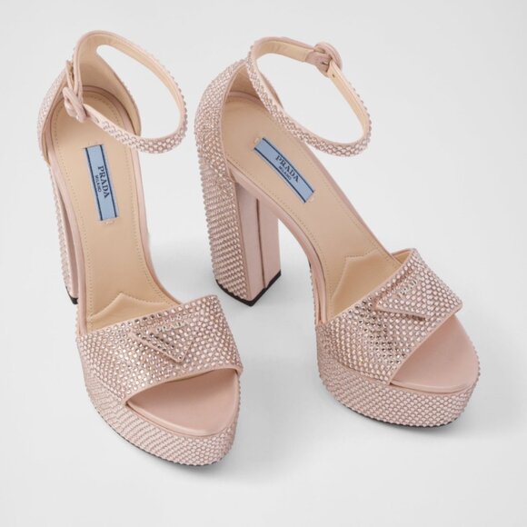 Prada Pink Embellished Platform Heels Logo Satin Crystal